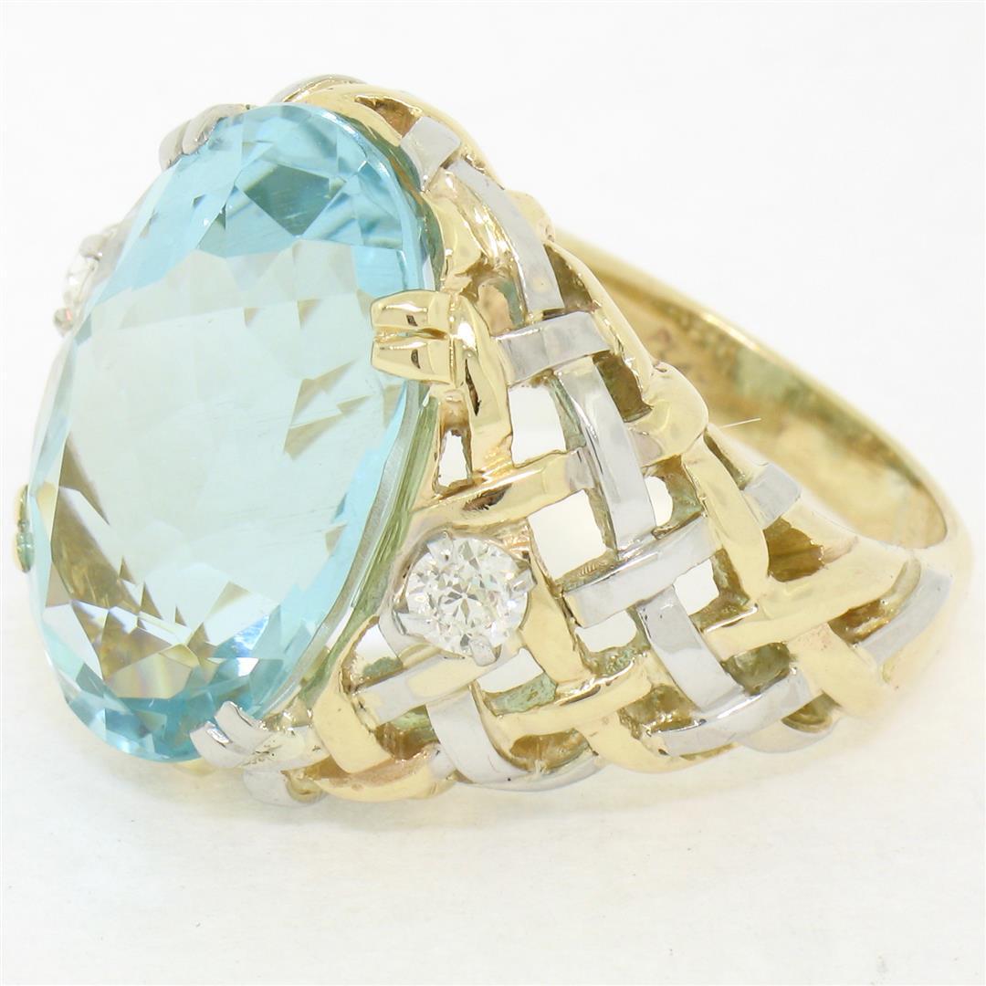 14k Gold & Platinum 19.49 ctw Large GIA Aquamarine & Diamond Basket Weave Ring