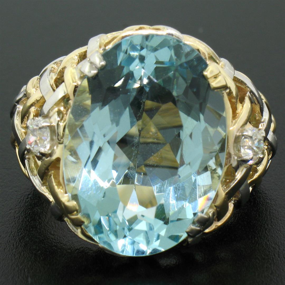 14k Gold & Platinum 19.49 ctw Large GIA Aquamarine & Diamond Basket Weave Ring