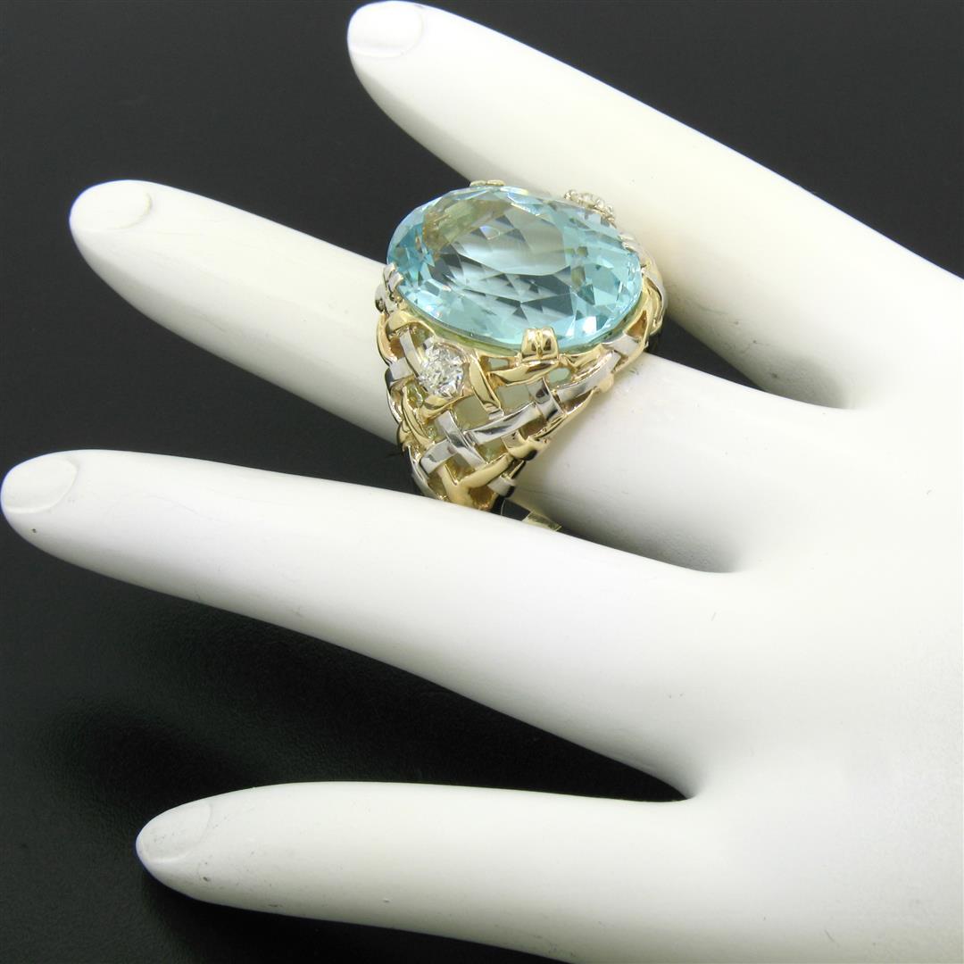 14k Gold & Platinum 19.49 ctw Large GIA Aquamarine & Diamond Basket Weave Ring