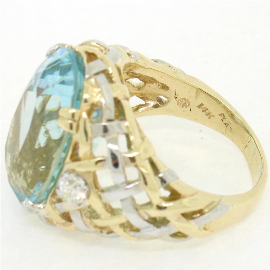 14k Gold & Platinum 19.49 ctw Large GIA Aquamarine & Diamond Basket Weave Ring