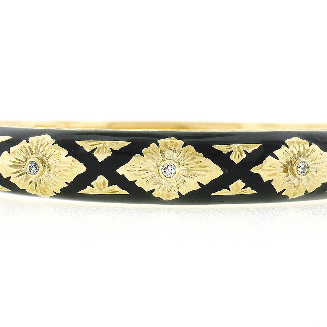 Vintage 14k Gold .18 ctw Diamond Black Enamel Engraved Hinged Open Bangle Bracel