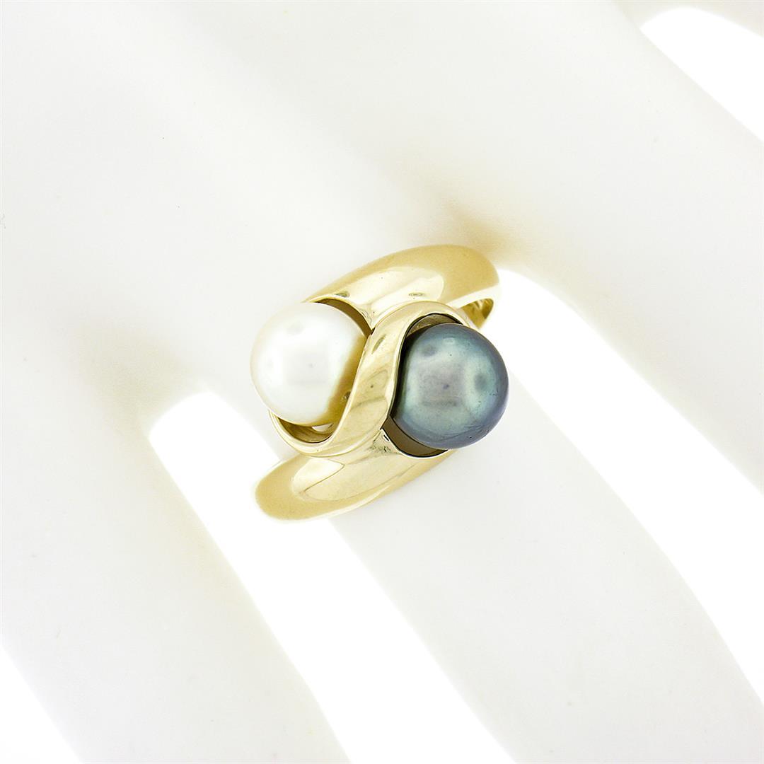 Classic Solid 14K Gold 6.9mm Gray & White Dual Pearl Polished Finish Bypass Ring