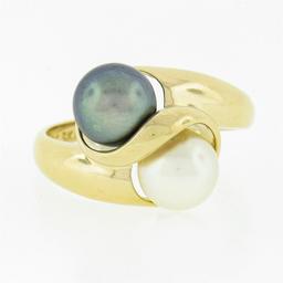 Classic Solid 14K Gold 6.9mm Gray & White Dual Pearl Polished Finish Bypass Ring