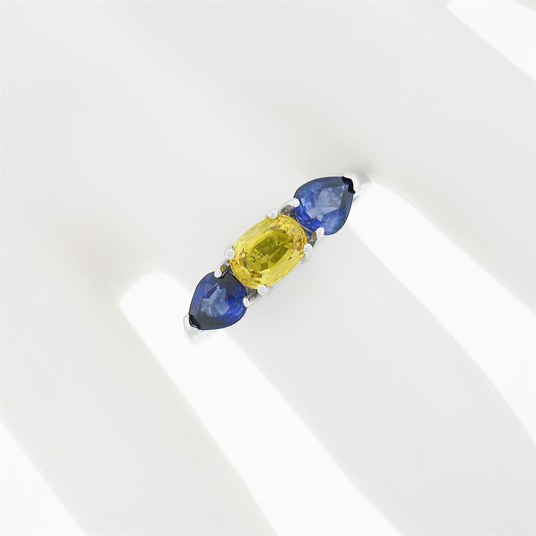 14k White Gold 2.25 ctw Oval Yellow & Pear Cut Blue Sapphire Three 3 Stone Ring