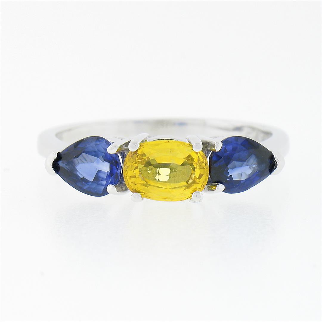 14k White Gold 2.25 ctw Oval Yellow & Pear Cut Blue Sapphire Three 3 Stone Ring