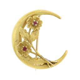 Antique Art Nouveau 10K Gold Round Ruby Crescent w/ Detailed Flowers Brooch Pin