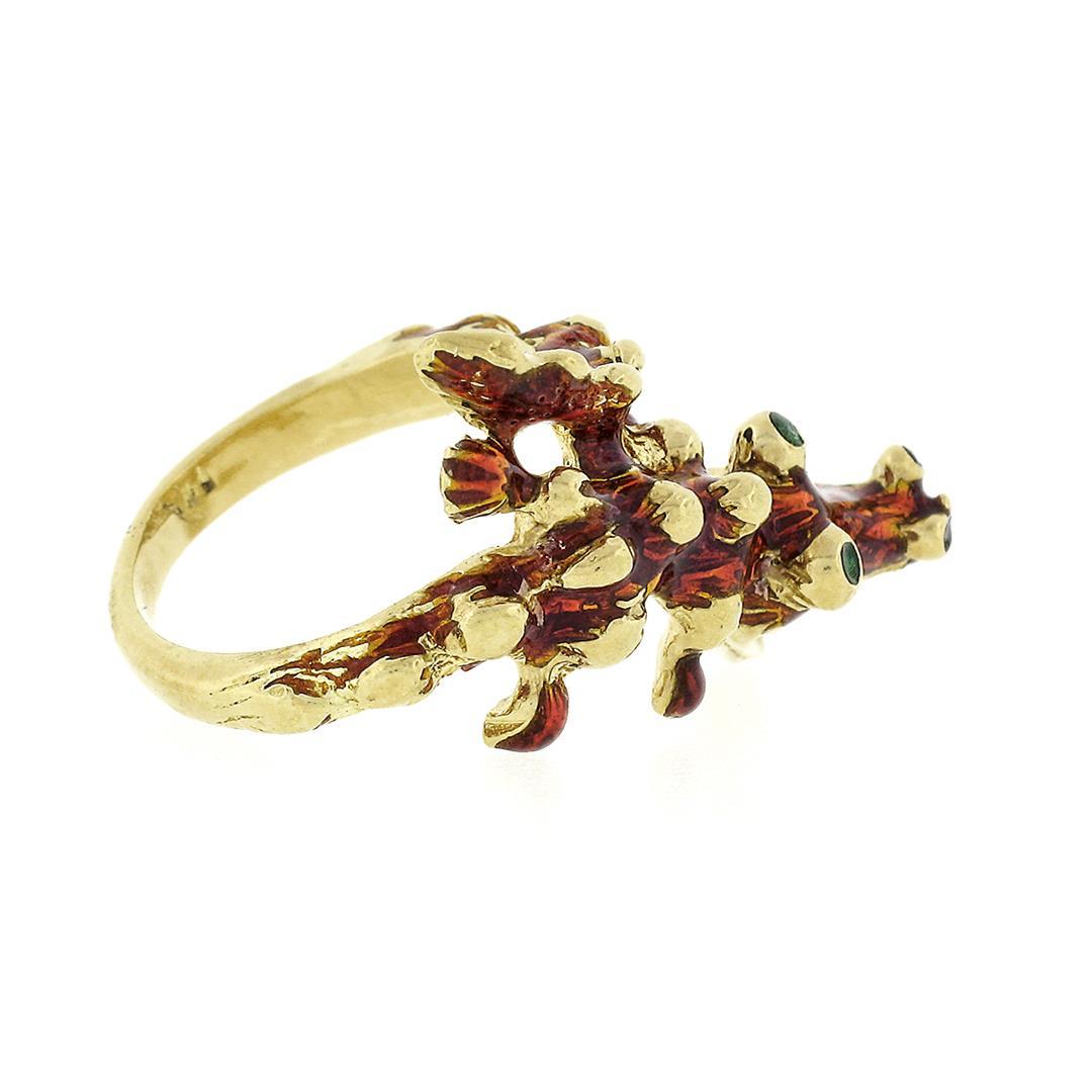 Vintage 18k Gold Red Green & Black Enamel Silly Dragon Petite Wrap Band Ring