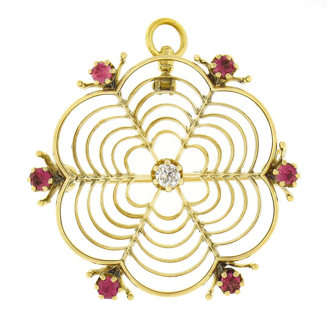 Antique Victorian 14k Gold Diamond Red Stone Spider Web Open Brooch Pin Pendant