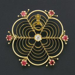 Antique Victorian 14k Gold Diamond Red Stone Spider Web Open Brooch Pin Pendant