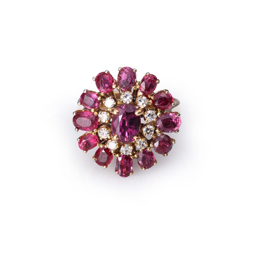 Vintage 14K Yellow Gold Ruby & Diamond Cluster Ring