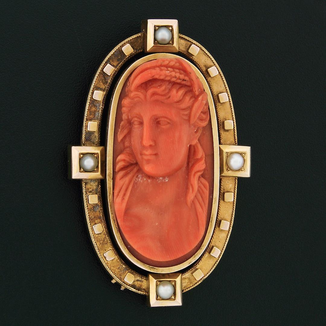 LARGE Antique Victorian 18k Gold GIA NO DYE Carved Coral Cameo Pearl Brooch Pin