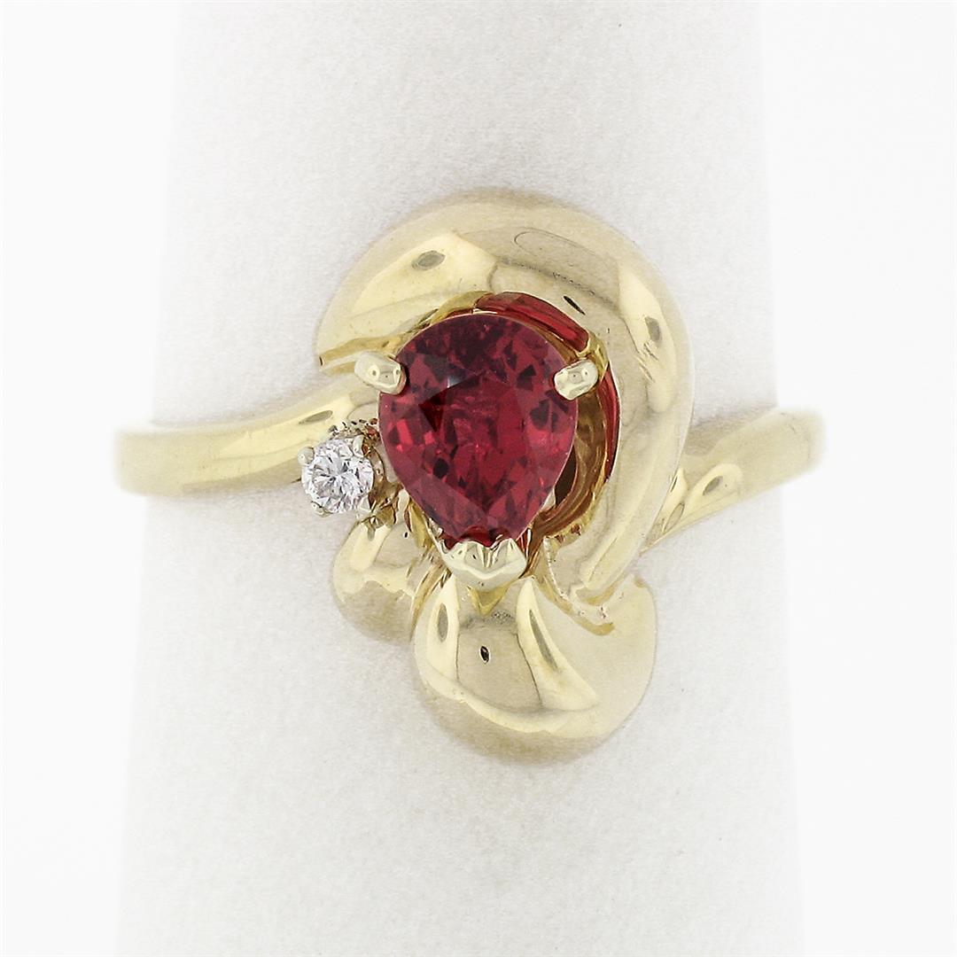 14k Yellow Gold 1.11 ctw GIA Pear Orange Red Ruby & Round Brilliant Diamond Ring