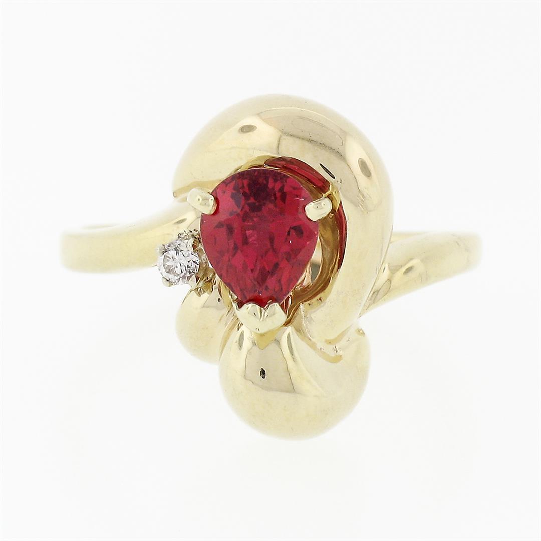 14k Yellow Gold 1.11 ctw GIA Pear Orange Red Ruby & Round Brilliant Diamond Ring