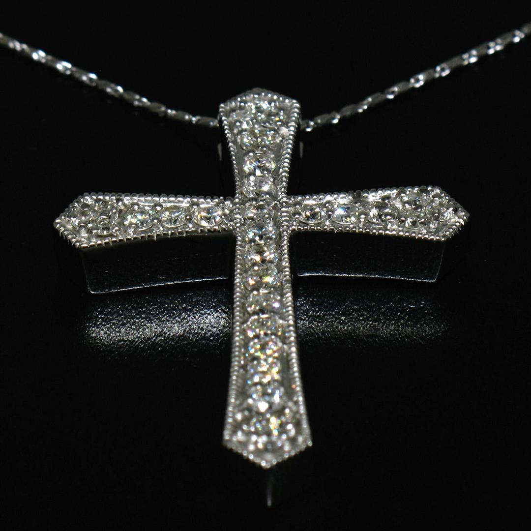 Large 14k White Gold 1.18 ctw Round Diamond Cross Pendant w/ 18" Fancy Link Chai