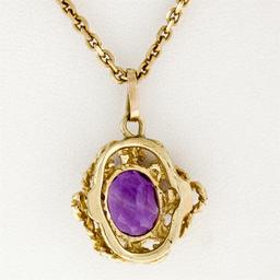 Vintage 14K Yellow Gold 1.75 ctw Oval Amethyst w/ Open Twisted Wire Frame Pendan