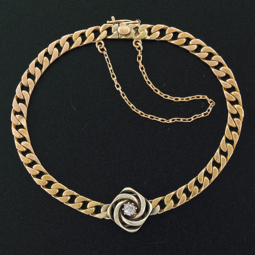 Vintage 14k TT Gold 0.17 ctw Diamond Solitaire Swirl Cuban Curb Chain Bracelet