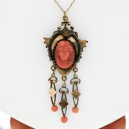 Antique Victorian 14K Gold High Relief Carved Coral Cameo & Bead Dangle Pendant