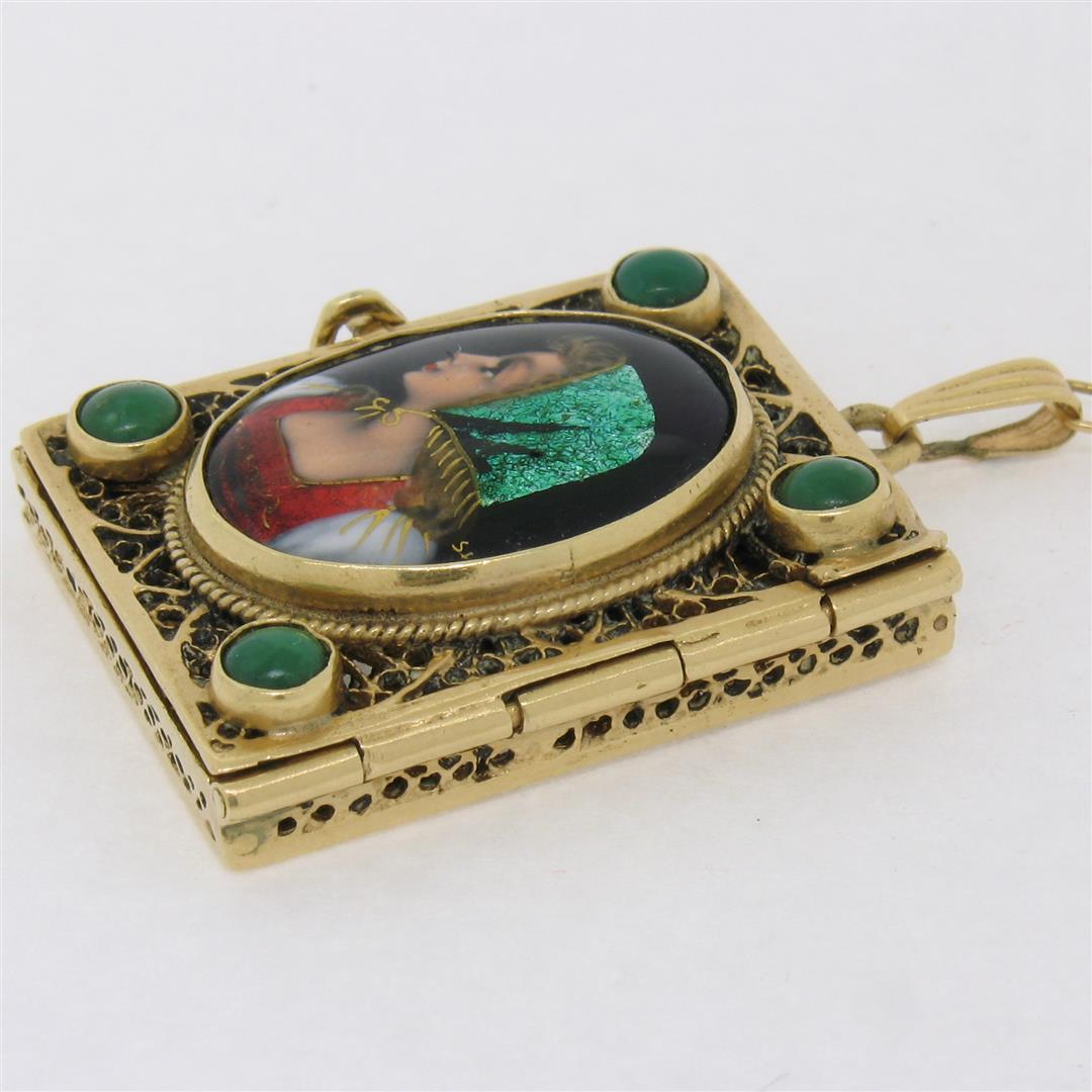 Antique French 14k Gold Turquoise Enamel Portrait Hinged Locket Pendant Necklace