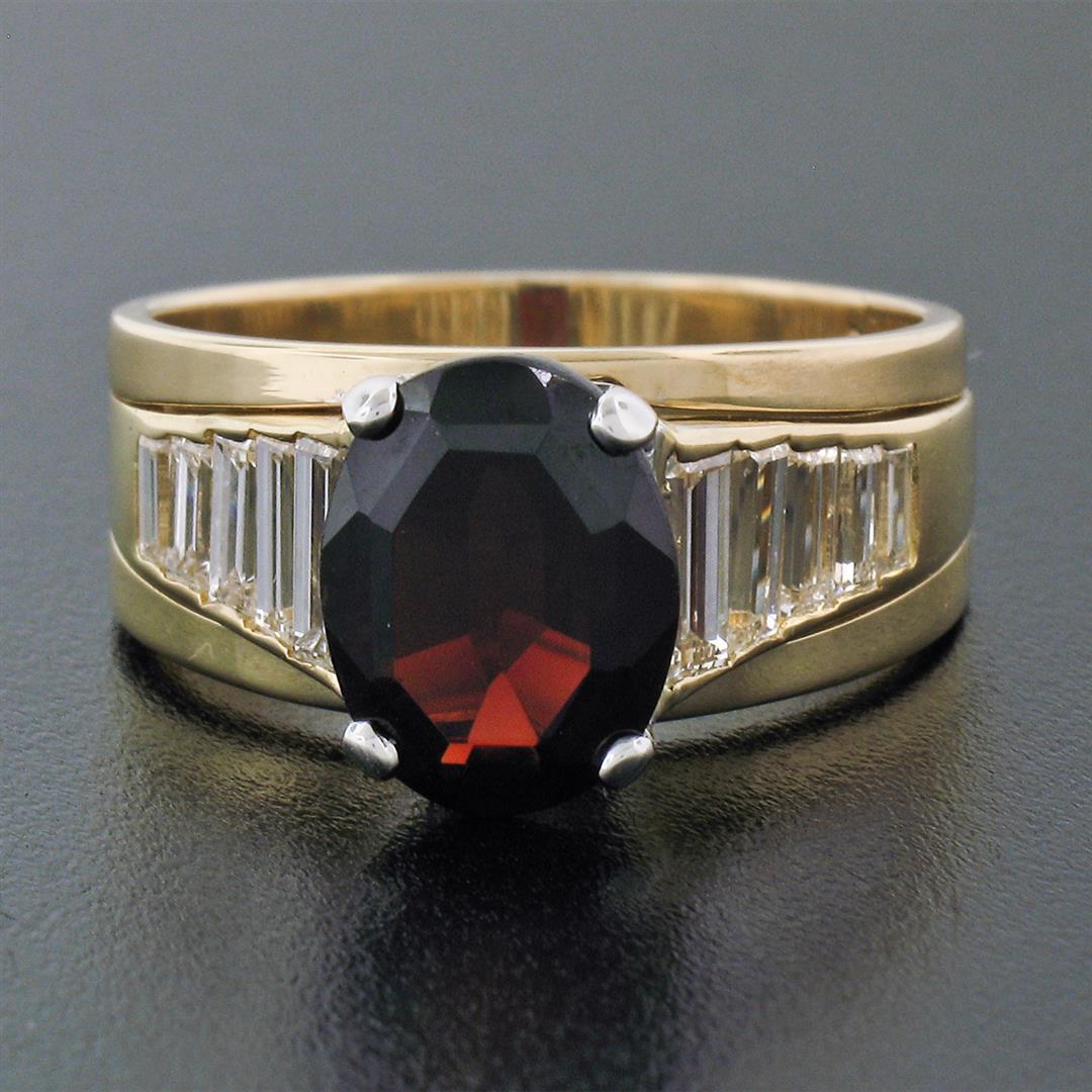 18K Yellow Gold Oval Faceted Garnet Solitaire 1.18 ctw Baguette Step Diamond Rin