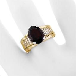 18K Yellow Gold Oval Faceted Garnet Solitaire 1.18 ctw Baguette Step Diamond Rin