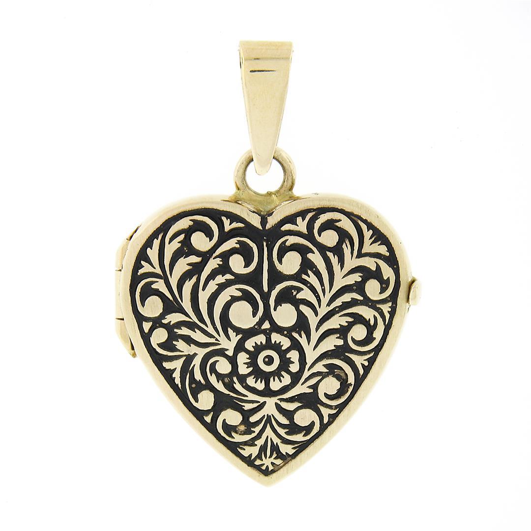 NEW 14k Yellow Gold Engraved Floral Work w/ Black Enamel Heart Locket Pendant