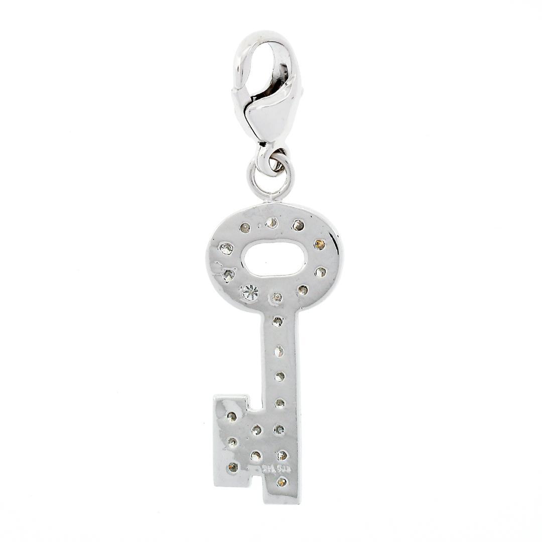 14K White Gold .66 ctw Diamond Long Lock Key Dangle Charm Pendant w/ Lobster Cla