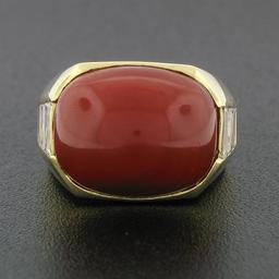 Vintage 18K Yellow Gold FINE GIA Cabochon Orangy Red Coral Baguette Diamond Ring