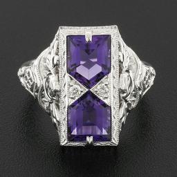 14K White Gold 1.80 ctw Amethyst & Diamond Filigree Etched Milgrain Platter Ring