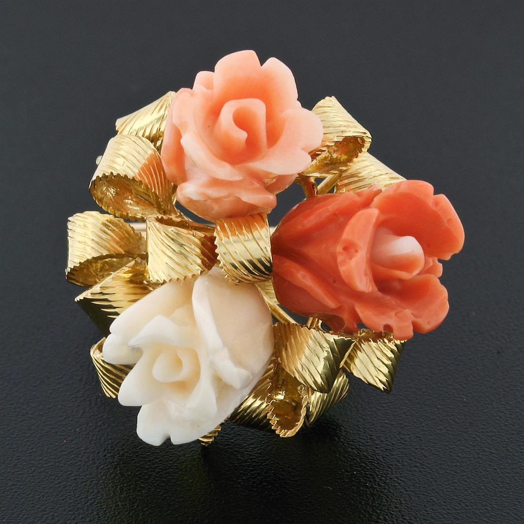 Vintage 14K Yellow Gold Carved Coral Rose Flower Bouquet Ribbon Cocktail Ring