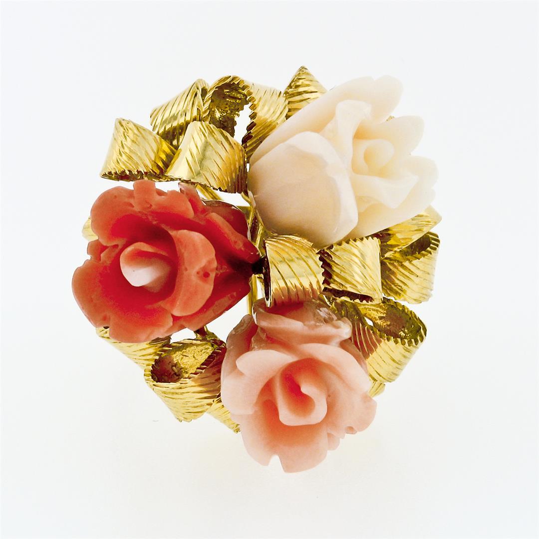 Vintage 14K Yellow Gold Carved Coral Rose Flower Bouquet Ribbon Cocktail Ring