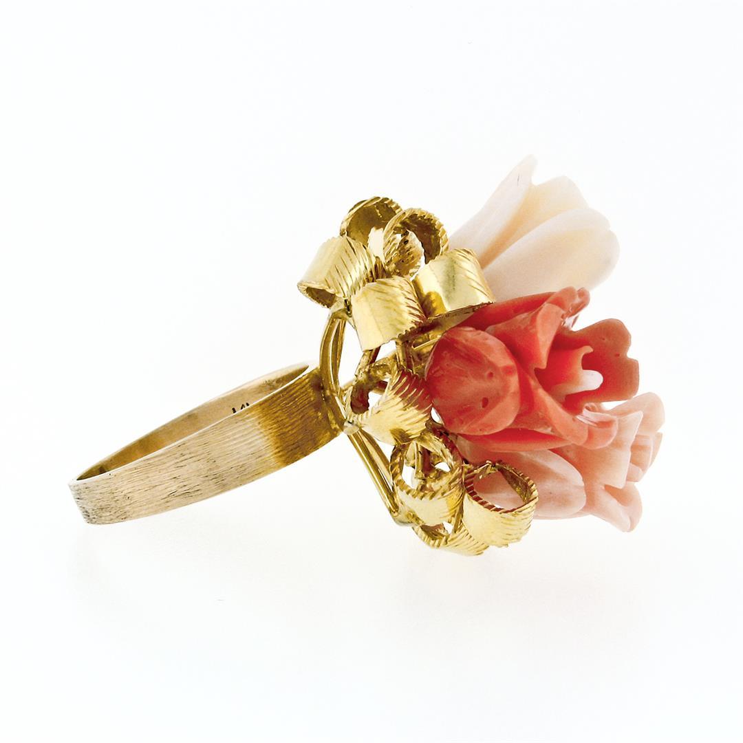 Vintage 14K Yellow Gold Carved Coral Rose Flower Bouquet Ribbon Cocktail Ring