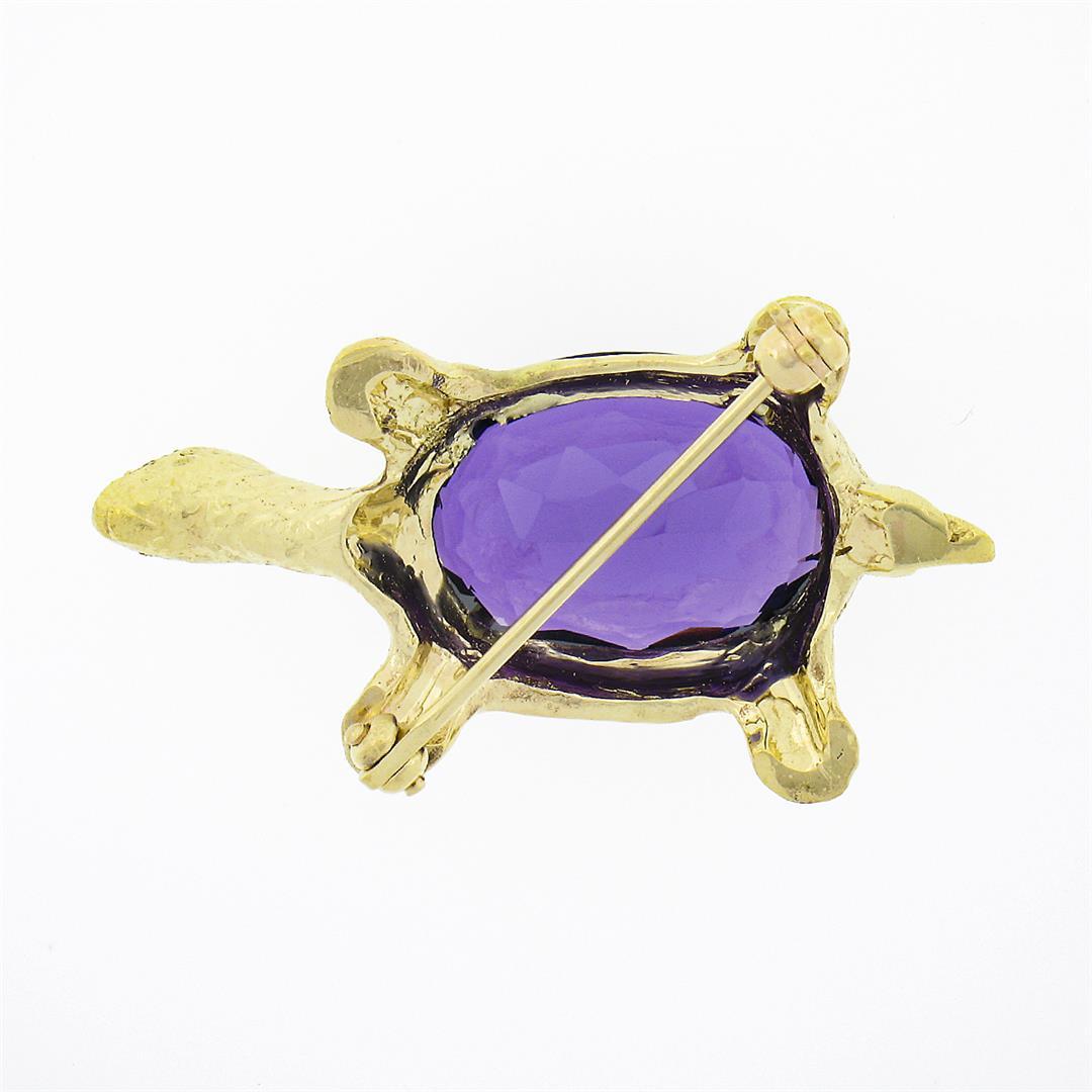 Vintage 14k Yellow Gold 11 ctw Oval Amethyst Diamond Turtle Tortoise Pin Brooch