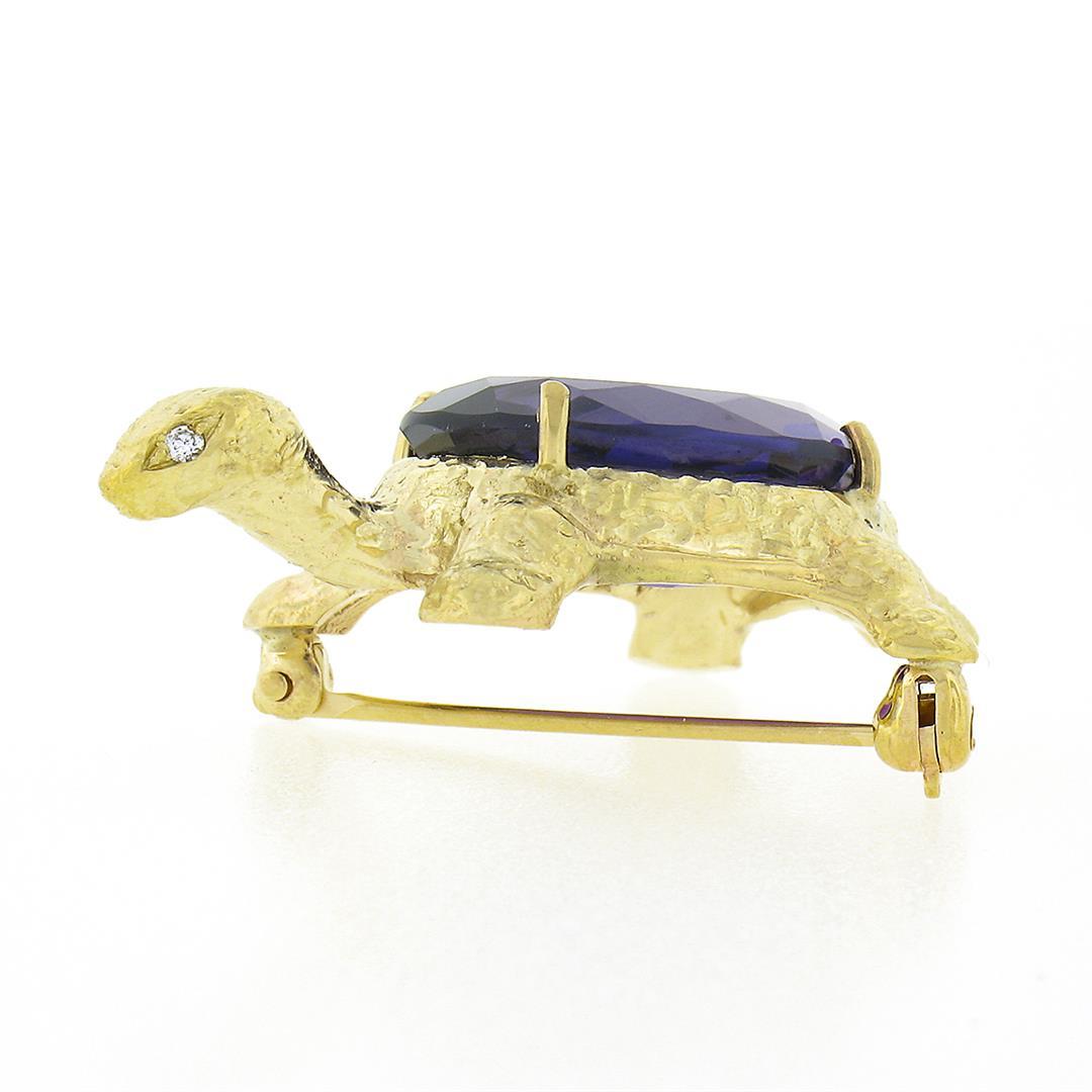 Vintage 14k Yellow Gold 11 ctw Oval Amethyst Diamond Turtle Tortoise Pin Brooch