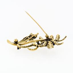 Vintage 14k Yellow Gold 1.20 ctw Sapphire & Pearl Detailed Flower Leaf Pin Brooc