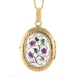 Vintage 14k Yellow Gold Hand Painted Enamel Flower Oval Locket Pendant & Chain