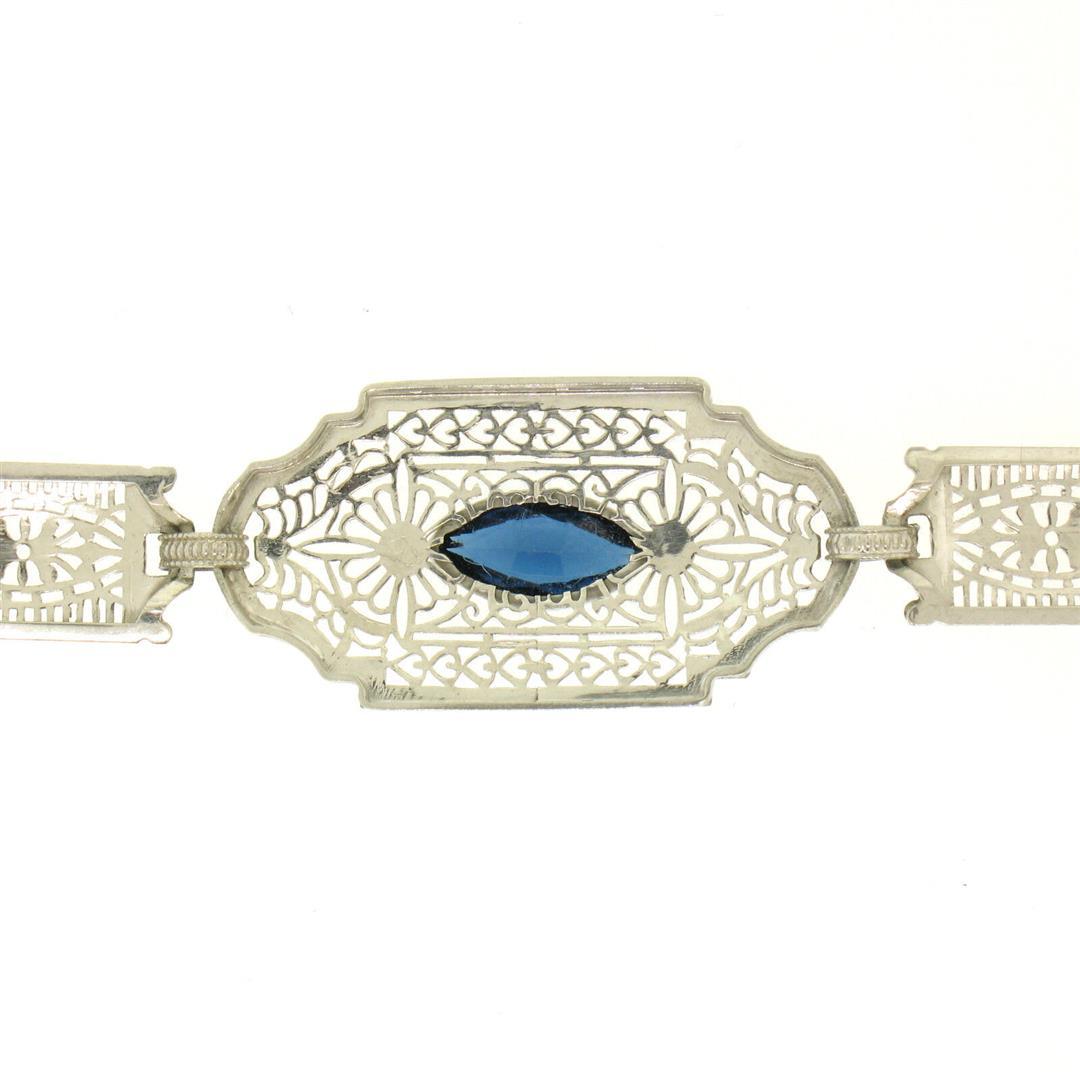 Antique Edwardian 10k White Gold Filigree Link Bracelet w/ Marquise Sim Sapphire