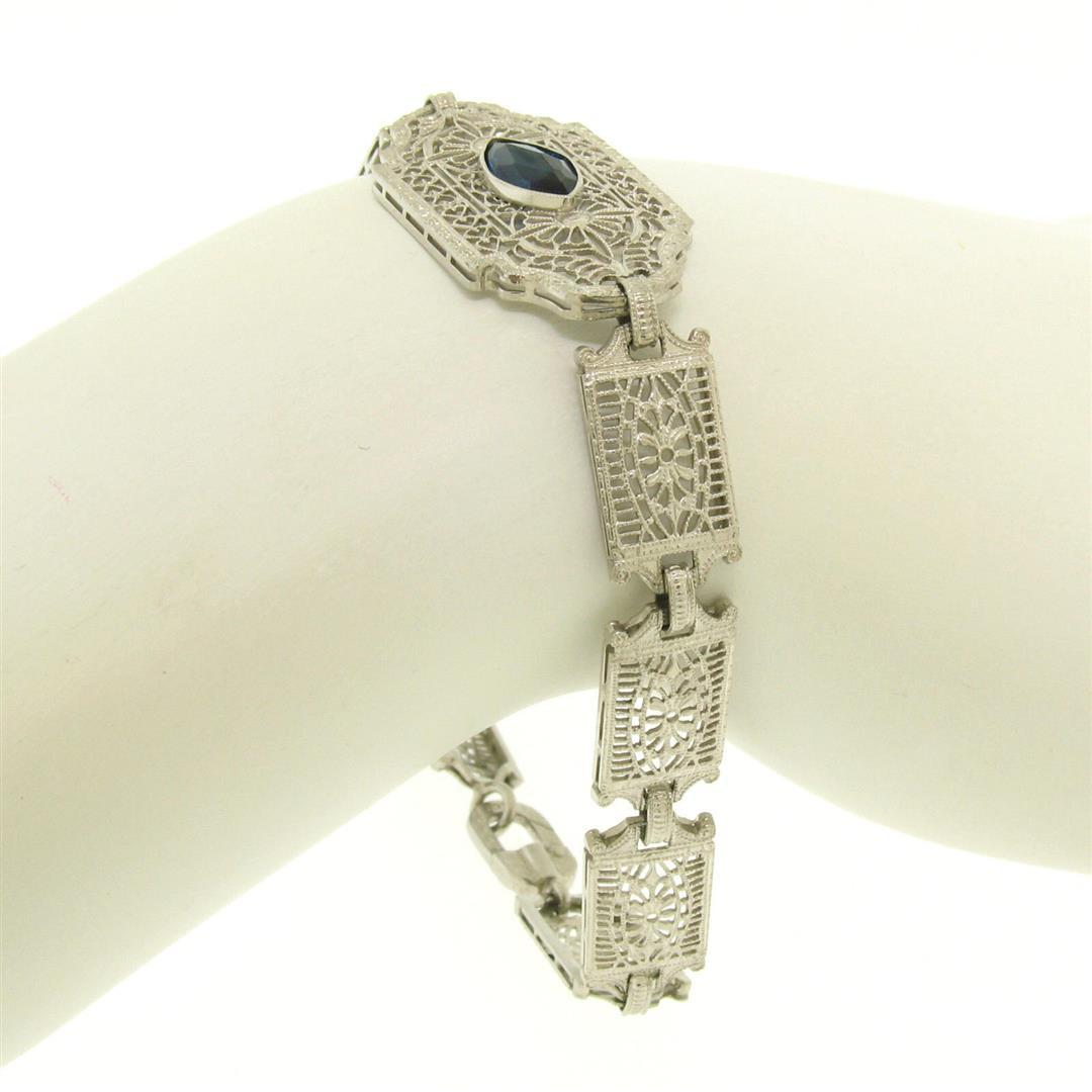 Antique Edwardian 10k White Gold Filigree Link Bracelet w/ Marquise Sim Sapphire