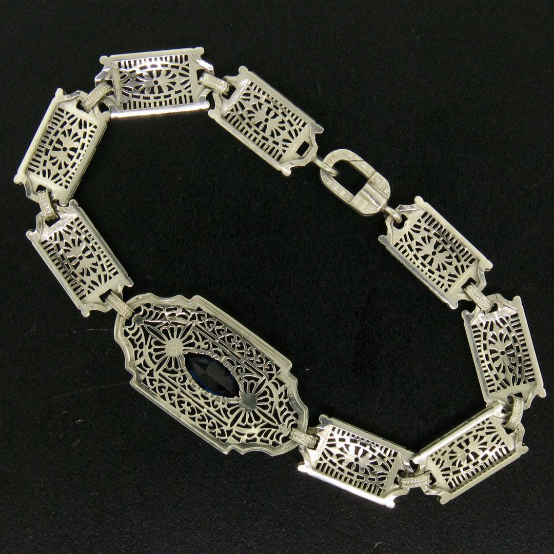 Antique Edwardian 10k White Gold Filigree Link Bracelet w/ Marquise Sim Sapphire