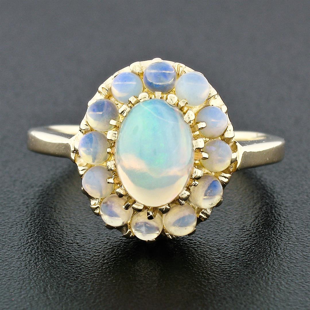 Vintage 14K Gold FINE Oval Cabochon Solitaire & Bead Ball Halo Opal Cluster Ring