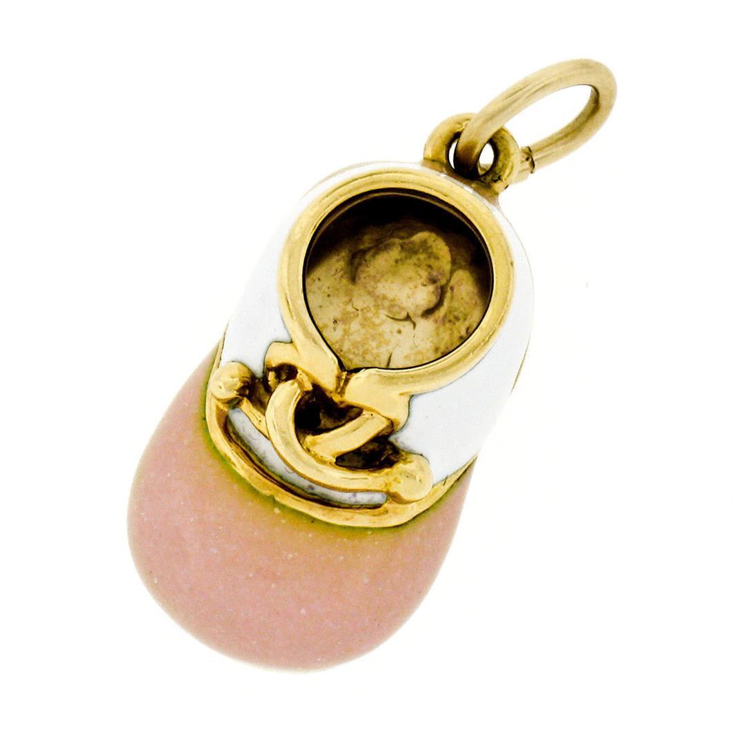 Vintage Felix Vollman 18k Gold Large White Pink Enamel Baby Shoe Charm Pendant