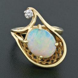 Vintage 14k Gold 2.07 ctw Oval Opal Solitaire & Round Diamond Accent Basket Ring