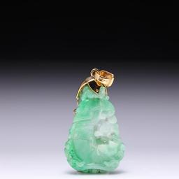 Chinese Carved Jadeite Pendant with 18K Yellow Gold & Diamond Mount