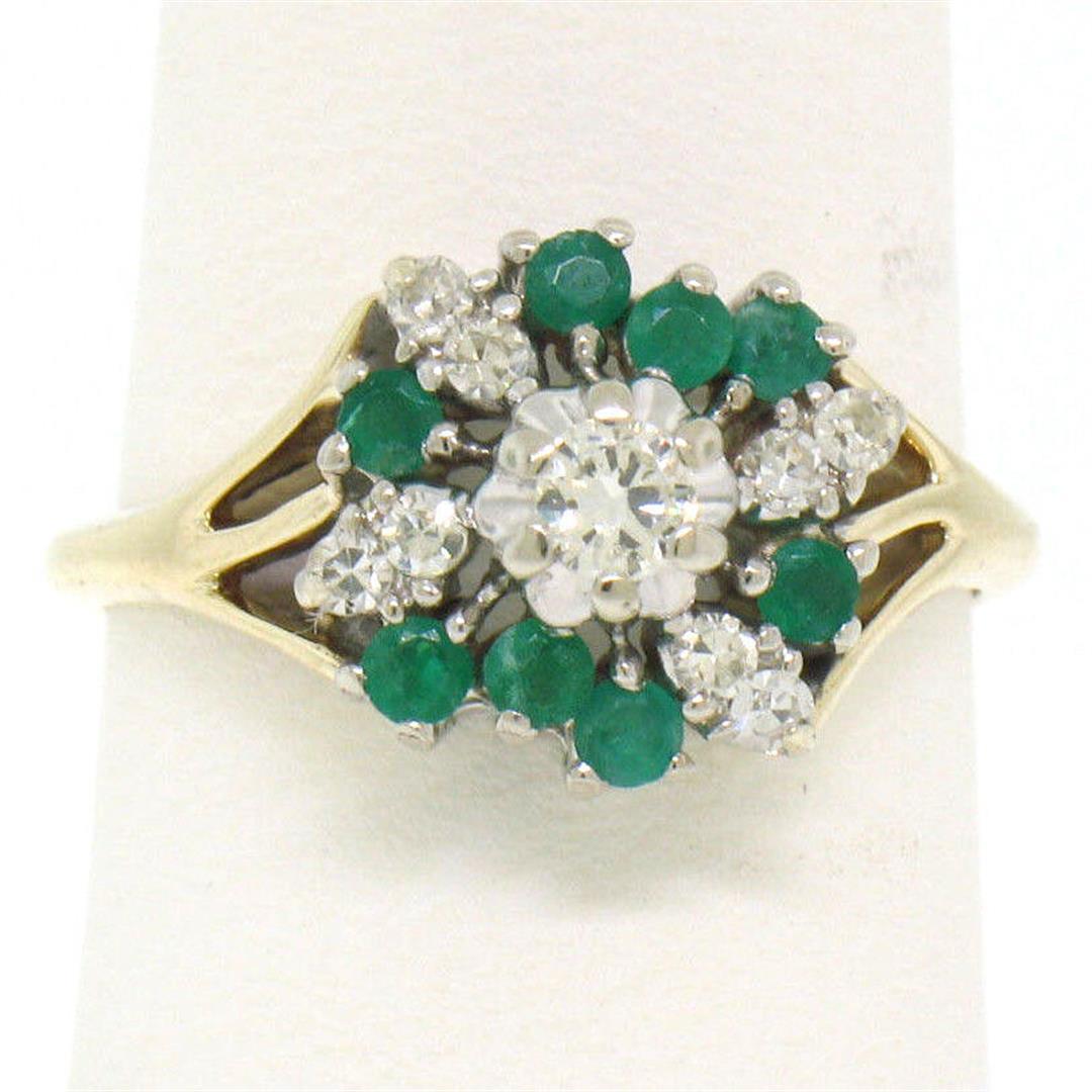 Petite 14k White & Yellow Gold 0.80 ctw Round Diamond Emerald Cluster Dinner Rin