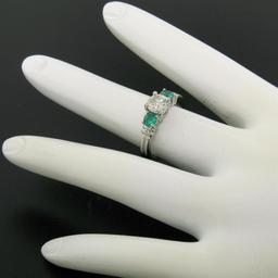 Classic Platinum 1.15 ctw GIA Round Brilliant Diamond & Emerald 3 Stone Ring