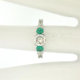Classic Platinum 1.15 ctw GIA Round Brilliant Diamond & Emerald 3 Stone Ring