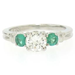 Classic Platinum 1.15 ctw GIA Round Brilliant Diamond & Emerald 3 Stone Ring