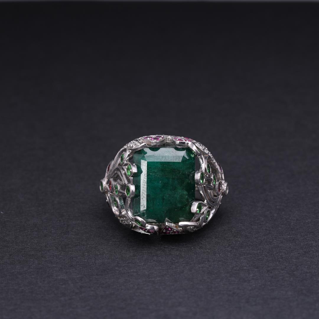 18k White Gold Emerald & Multistone Cocktail Ring by Victor Loo