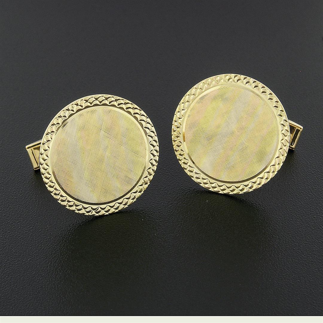 Men's Vintage 14k Yellow Gold Round Tri Color Florentine & Textured Cufflinks