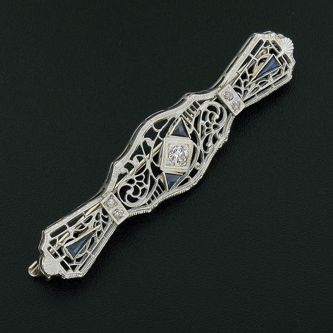 Antique Art Deco 14k Gold Diamond & Sapphire Milgrain Filigree Bar Pin Brooch