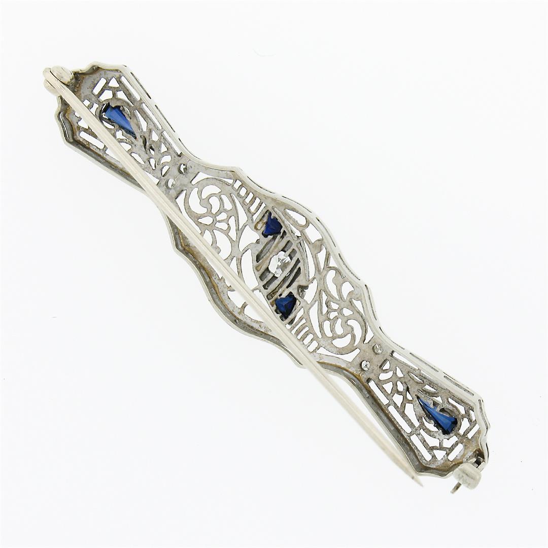 Antique Art Deco 14k Gold Diamond & Sapphire Milgrain Filigree Bar Pin Brooch